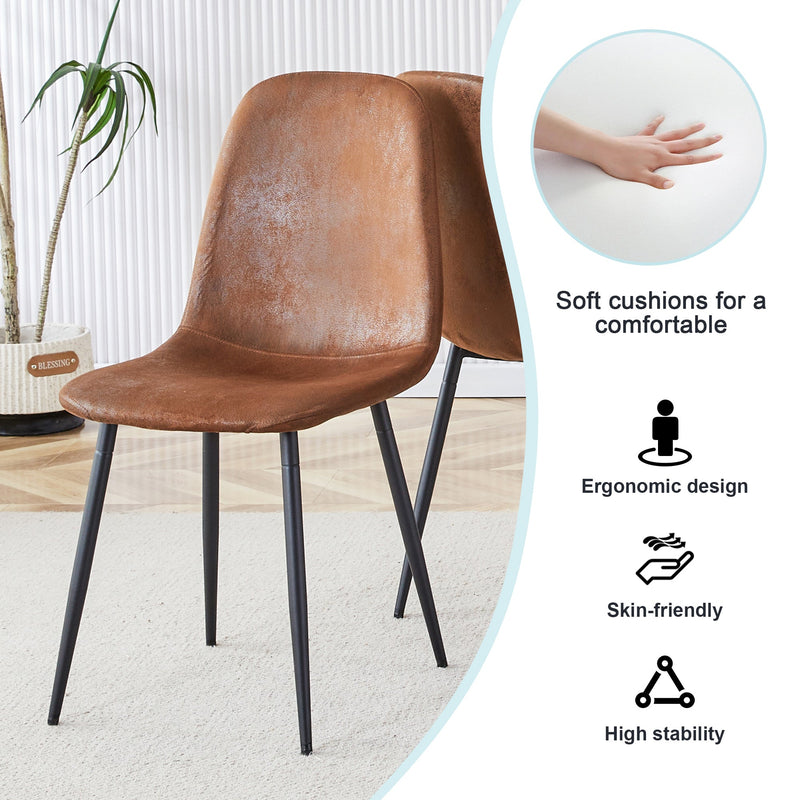 A modern and practical circular dining table. Made of MDF tabletop and wooden MDF table legs. A set of 6 brown cushioned chairs. CT-