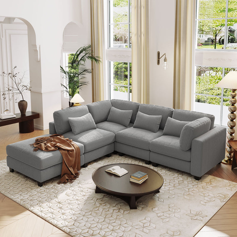 5 Pieces L shaped Sofa with Removable Ottomans and comfortable waist pillows