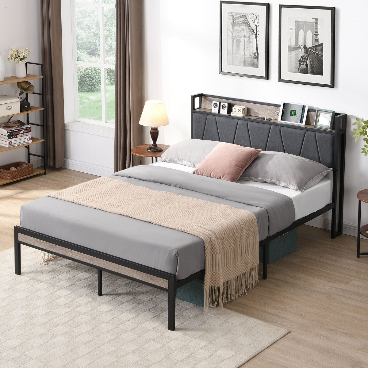 Modern Bed Frame With LED Lights, Upholstered Headboard, USB Charging, photo 6 of 16