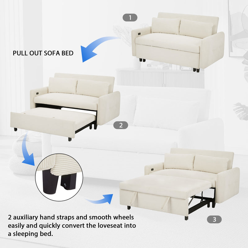 57.48" Pull-out Sofa Bed Convertible Couch 2 Seat Loveseat Sofa Modern Sleeper Sofa with Two Throw Pillows and USB Ports for Living Room, Beige