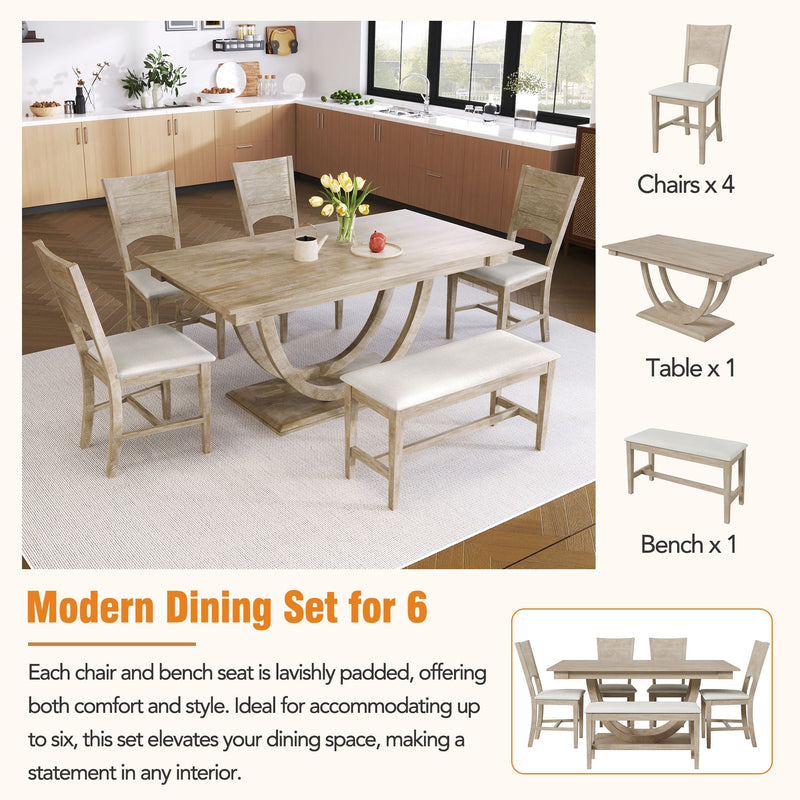 6-Piece Wood Half Round Dining Table Set Kitchen Table Set with Long Bench and 4 Dining Chairs, Modern Style, Natural