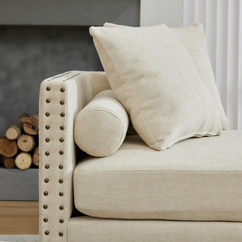 75.2'' Wide Upholstered Chaise Lounge Indoor with Nailheads,Sleeper Sofa Couch With 4 Throw Pillows&2 Bolsters,Daybed with Rubberwood Legs For Living Room,Bedroom, Apartment,Guestroom,Beige Chenille