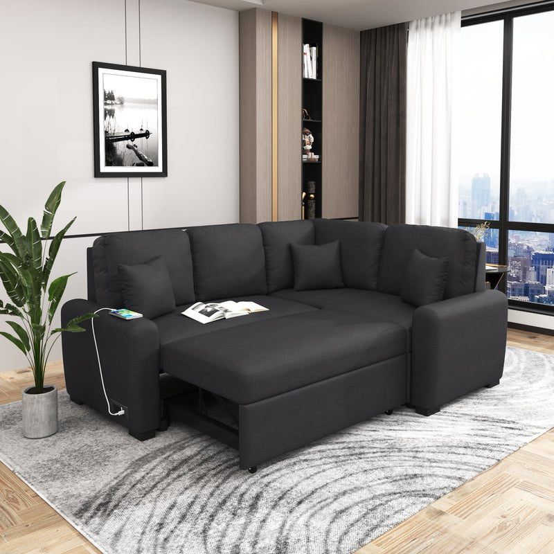 87.4"Sectional Sleeper Sofa with USB Charging Port and Plug Outlet,Pull-Out Sofa Bed with 3 Pillows, L-Shape Chaise for Living Room Small Apartment,Black