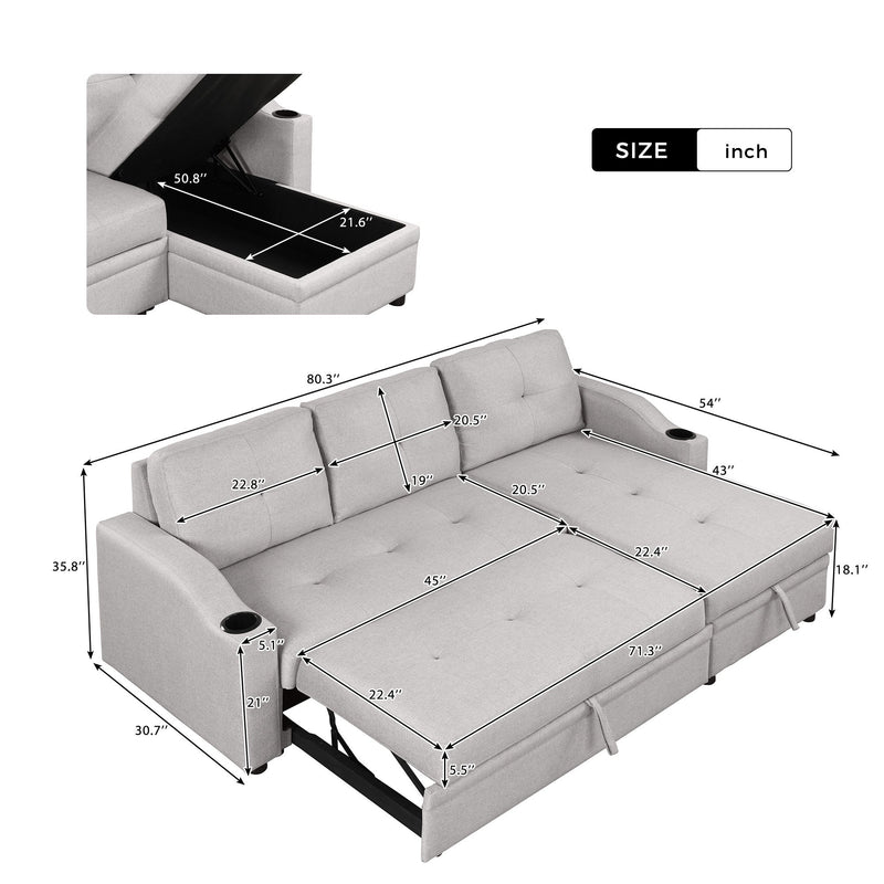 80.3" Pull Out Sofa Bed Modern Padded Upholstered Sofa Bed, Linen Fabric 3 Seater Couch with Storage Chaise and Cup Holder, Small Couch for Small Spaces