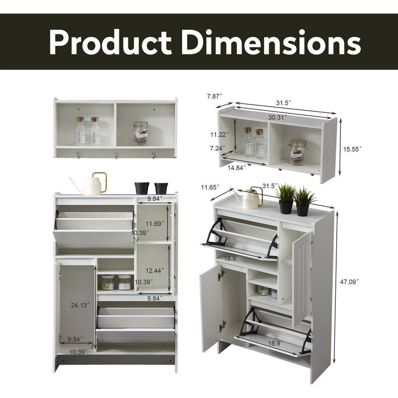 31'Multi-Functional Shoe Cabinet with Wall Cabinet, Narrow Shoe Rack Storage Organizer with 2 Flip Drawers Versatile Side Cabinet for Hallway, Bedroom, Apartment, White