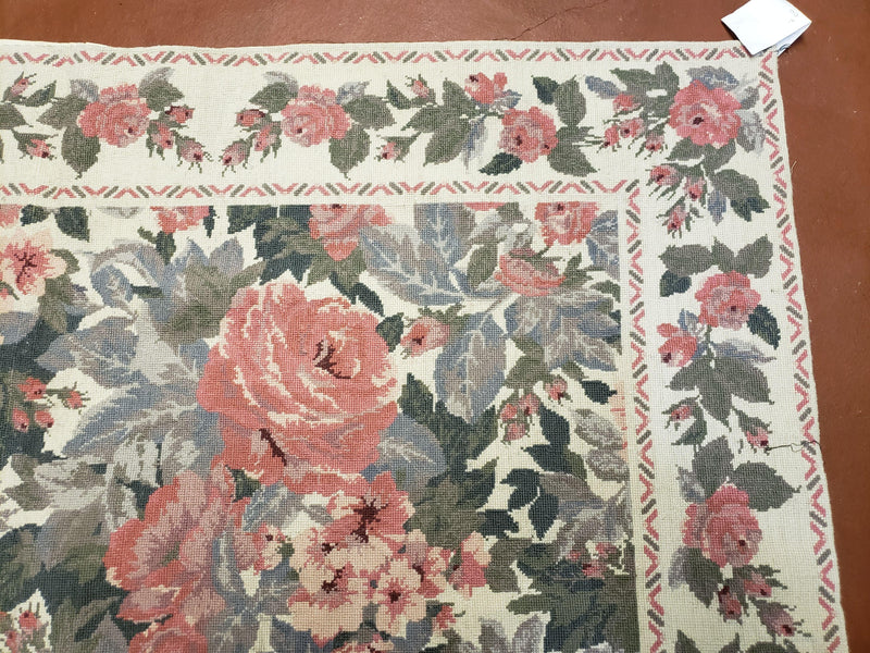 5x8 Needlepoint Rug 5' 4" x 8' 3" Wool Flat Weave Floral New Unused Carpet English Design Ivory Large Pink Flowers Green Leaves Hand-Knotted