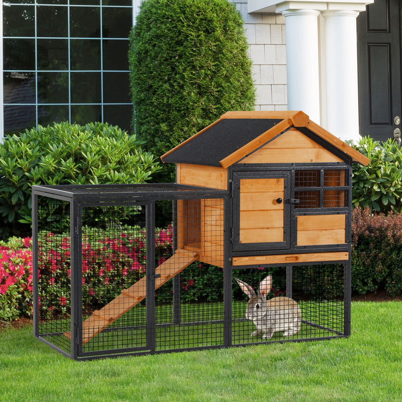 2-Level Rabbit Hutch Bunny House with Weatherproof Asphalt Roof, Removable Tray and Ramp for Outdoor