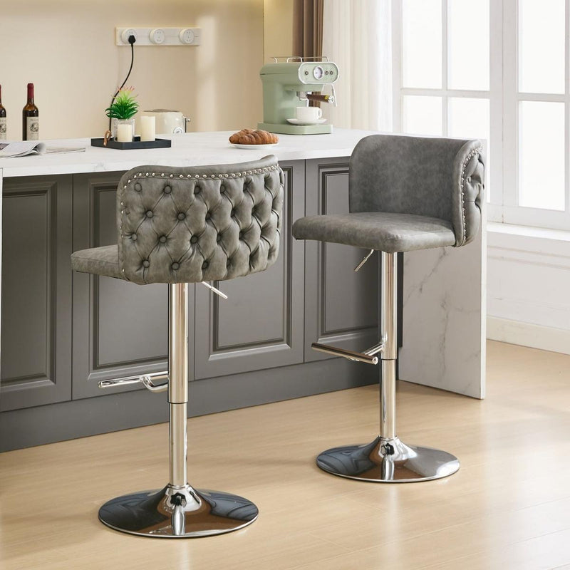 Swivel Barstools Adjusatble Seat Height With Chrome Base, Modern PU Upholstered Bar Stools with the whole Back Tufted, for Home Pub and Kitchen Island,Gray, Set of 2