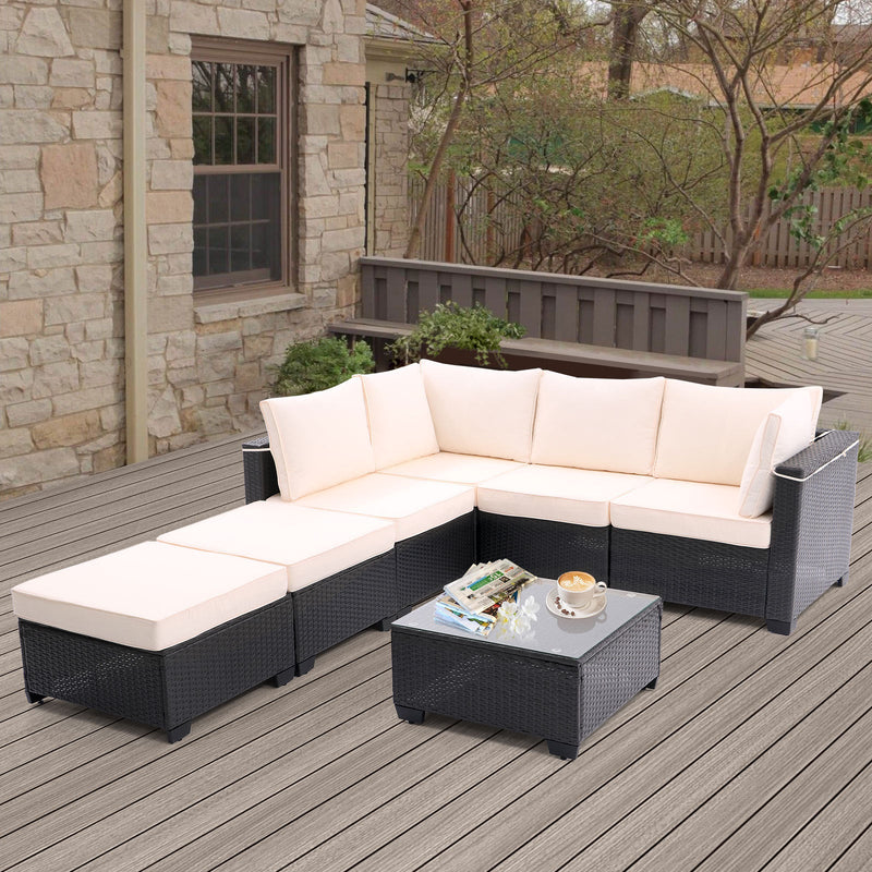 7 Pieces Outdoor Patio Furniture Set,Sectional Conversation Sofa Consisted Of Corner Chairs,Ottomans And Glass Top Table,All Weather PE Rattan and Steel Frame With Removable Cushions(Coffee+Beige)