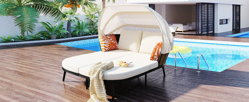 74.8" L Patio Daybed with Retractable Canopy, Outdoor Rattan PE Wicker Back Loveseat Sofa Set with Throw Pillows and Cushions for Backyard, Poolside, Garden, Beige