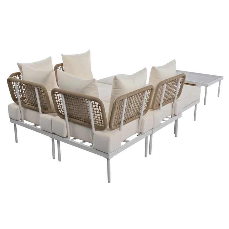 Walker Edison - 8-Piece Patio Sectional Sofa Set with Tempered Glass Coffee Table and Wooden Coffee Table for Outdoor Oasis, Garden, Patio and Poolside (Beige Cushion + White Steel)