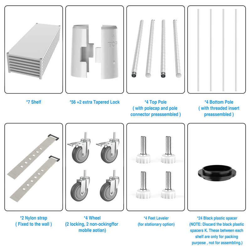 7 Tier Standing Shelf Units, 2800 LBS NSF Height Adjustable Metal Garage Storage Shelves with Wheels, Heavy Duty Storage Rack Metal Shelves - Black - 7T-2800LBS-WHITE