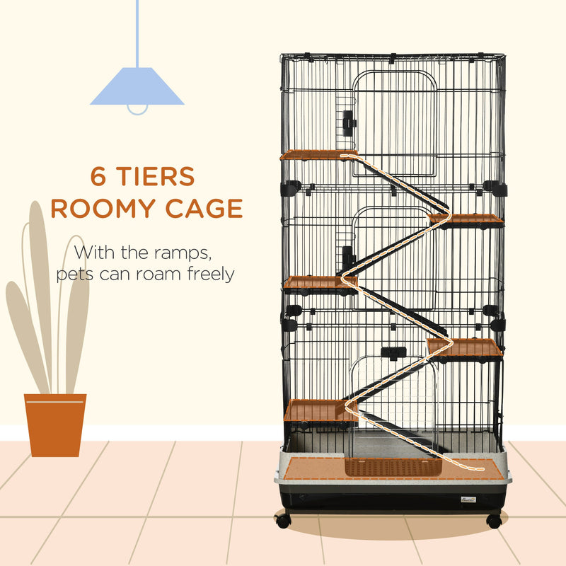 60" Small Animal Cage with Wheels, 6-Level Portable Bunny Cage, Chinchilla Ferret Cage with Removable Tray, Platforms and Ramps, Black