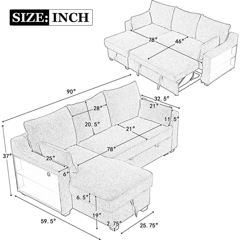 90" Pull Out Sleeper Sofa L-Shaped Couch Convertible Sofa Bed with Storage Chaise, Storage Racks and USB Ports (SG001340AA), Beige