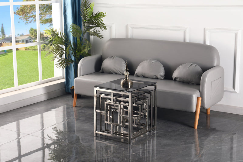 3 Pieces Silver Square Nesting Glass End Tables- Small Coffee Table Set- Stainless Steel End Tables with Dark Gray Tempered Glass- 18" Modern Minimalist Small Coffee Tables for Living Room