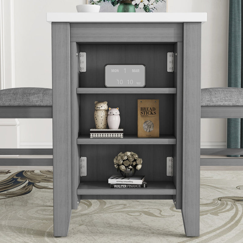 3-piece Counter Height Dining Table Set with Built-in Storage Shelves, One Faux Marble Top Dining Table and 2 counter chairs with footrest,Grey