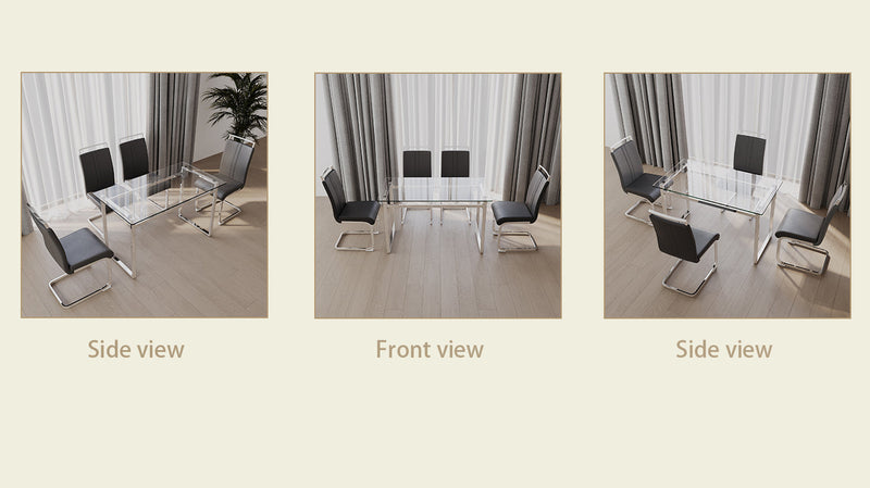 51 inch Glass Dining Table Set for 4, Dining Table & Chair Sets with Silver Plating Legs for Kitchen, Modern Rectangle Tempered Glass Table Top and PU Dining armless Chair for Dining Room