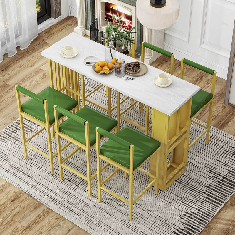 7-Piece Multi-Functional Modern Counter Height Dining Bar Table Set with Open Shelves and 6 Upholstered Stools for Dining Room, Bar and Cafe (White and Green)