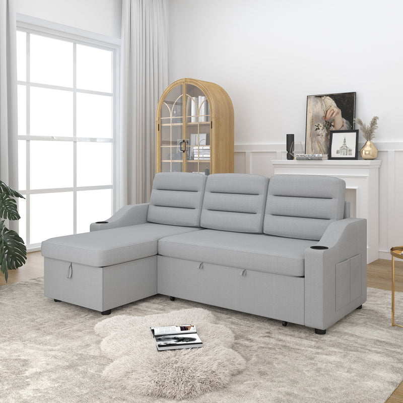 83.5" Convertible Sleeper Combo Sofa, Convertible Sofa Bed Polyester Pullout Bed with Storage Recliner and Cup Holder for Living Room, Tight Spaces