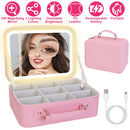 Travel Makeup Bag With 3 Light Colors Dimmable Brightness LED Mirror Detachable 10X Magnifying Mirror Adjustable Dividers Portable Waterproof Cosmetic