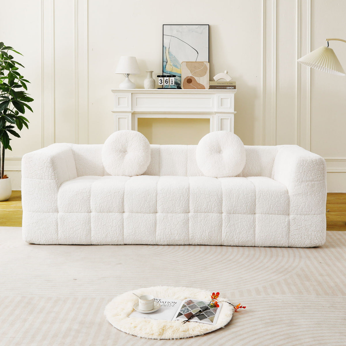 Boneless 3 Seater Sofa With Circular Throw Pillows - Beige, photo 4 of 13