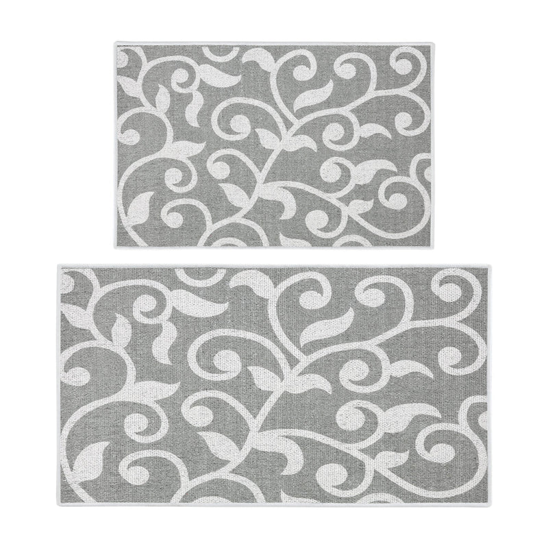 Floral Design Non Skid Washable Kitchen Runner Rugs Set of 2| 44 x 24 and 31.5 x 20 Inches Floor Mats |Gray
