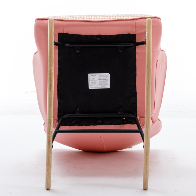 35.5 inch Rocking Chair, Soft Houndstooth Fabric Leather Fabric Rocking Chair for Nursery, Comfy Wingback Glider Rocker with Safe Solid Wood Base for Living Room Bedroom Balcony (pink)
