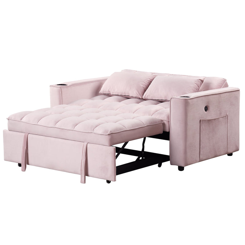 55.3" 4-1 Multi-functional Sofa Bed with Cup Holder and USB Port for Living Room or Apartments Pink