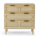 3 drawer dresser, modern rattan dresser cabinet with wide drawers and metal handles, farmhouse wooden storage chest of drawers for room, living room, hallway, entrance, office