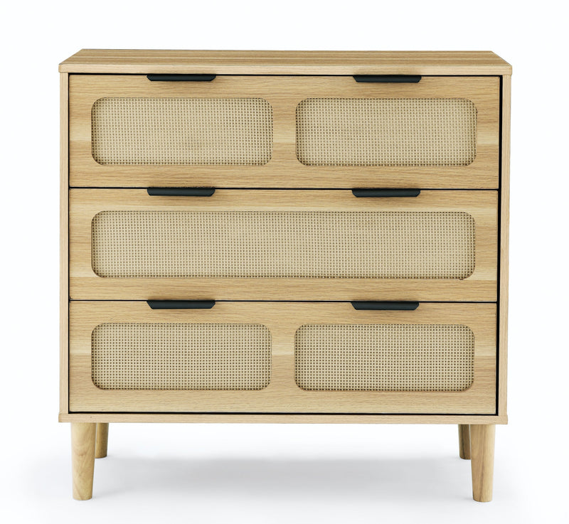 3 drawer dresser, modern rattan dresser cabinet with wide drawers and metal handles, farmhouse wooden storage chest of drawers for room, living room, hallway, entrance, office