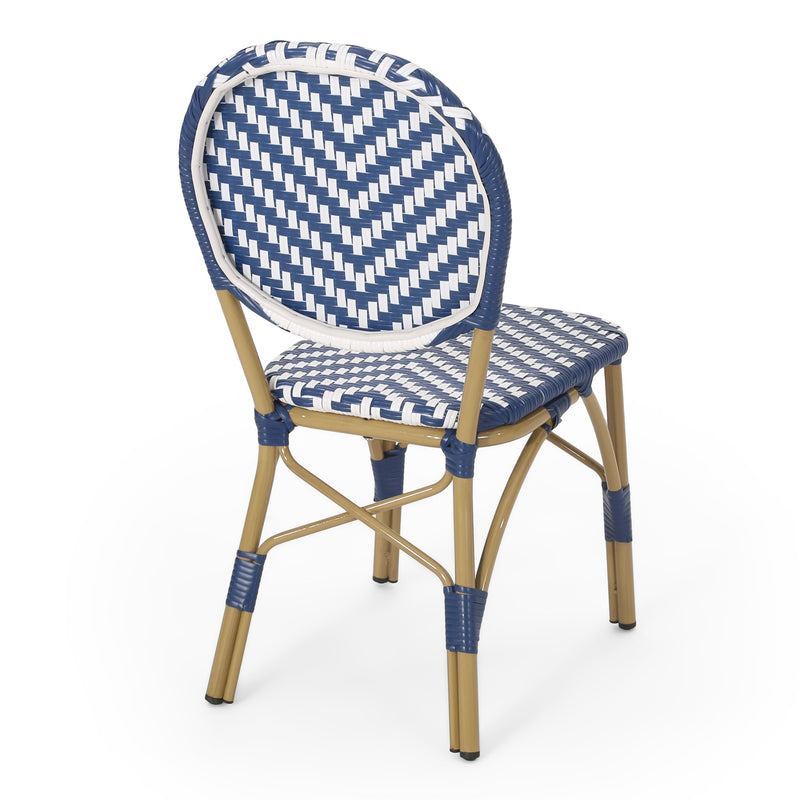 Walker Edison - Outdoor Aluminum 3 Piece French Bistro Set, Navy Blue, White, with Bamboo Finish