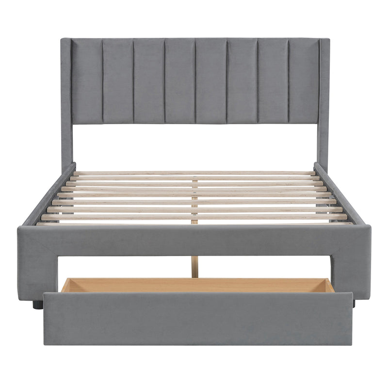 Walker Edison - Full Size Storage Bed Velvet Upholstered Platform Bed with a Big Drawer - Gray