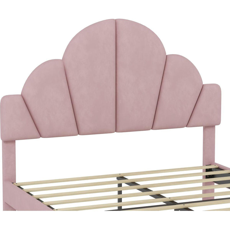 Queen Size Upholstered Bed Frame with Elegant Design, Modern Velvet Platform Bed with Petal Shape Headboard,Pink