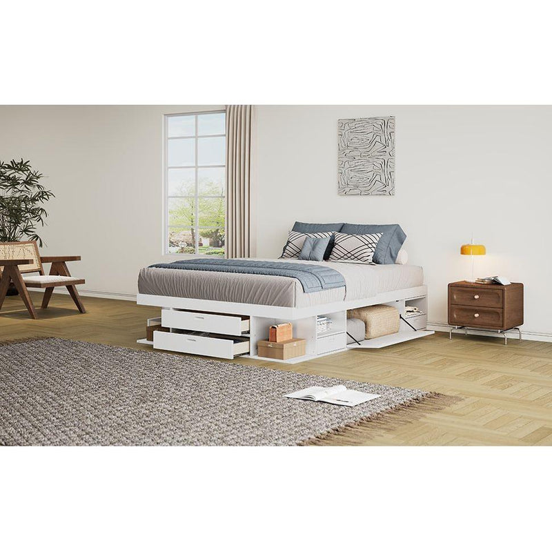 Storage Platform Bed Frame with Multiple Drawers and Shelves No Box Spring Needed, Queen Size,White