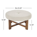 Beige Fabric Round Ottoman with Solid Wood Cross Base
