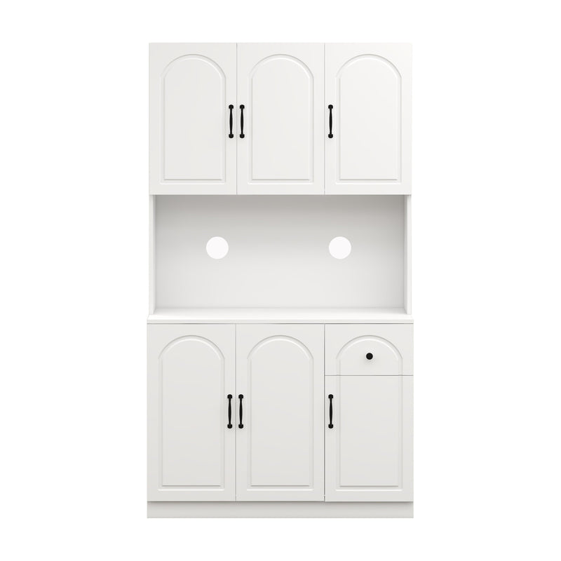 71" Kitchen Pantry Storage Cabinet with Microwave Oven Countertop, Freestanding Hutch Cabinet with Adjustable Shelves, 6 Doors and 1 Drawer-White