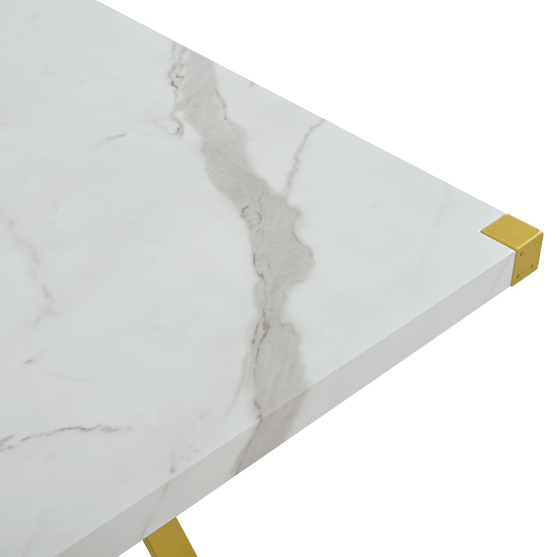 7-Piece Modern Dining Table Set, Rectangular Marble Texture Kitchen Table and 6 PU leather Chairs with X-Shaped Gold Steel Pipe Legs for Dining Room (White)