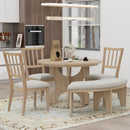 5-Piece Dining Table Set, 44" Round Dining Table with Curved Bench & Side Chairs for 4-5 People for Dining Room and Kitchen (Natural Wood Wash)