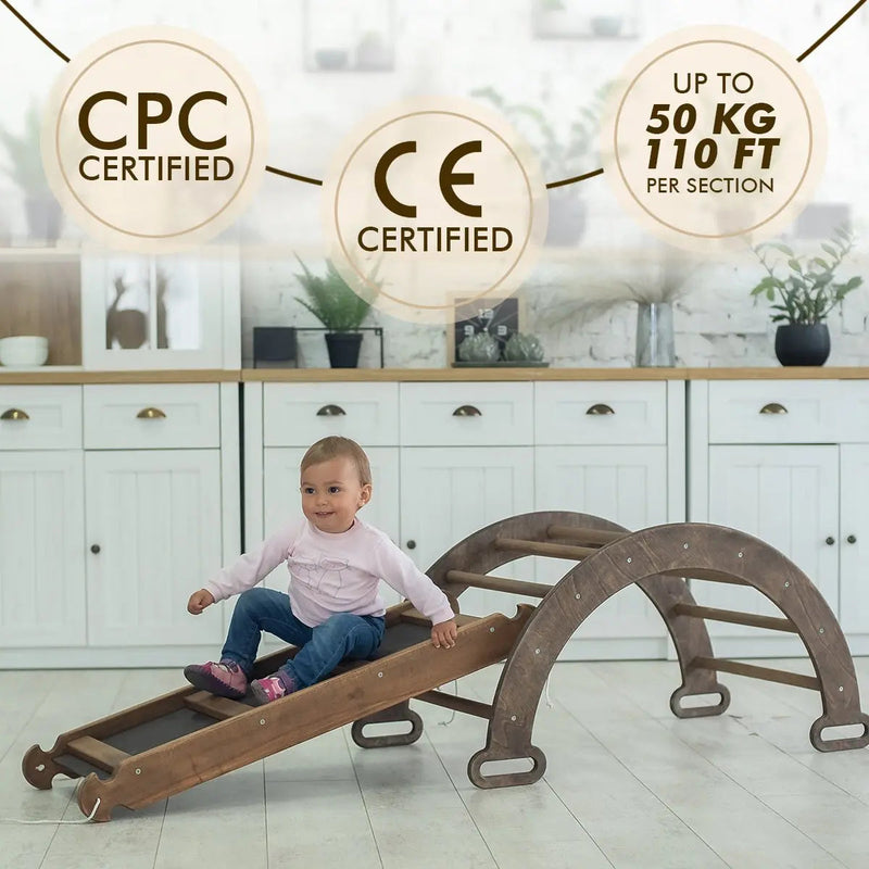 3in1 Montessori Climbing Set: Climbing Arch + Slide Board + Cushion – Chocolate