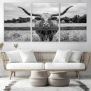 Black White Texas Longhorn Bull Canvas Wall Art, Western Ranch Cattle Photography Print, Rustic Farmhouse Cowboy Decor Artwork by MyGreatCanvas | Canvas Wall Art Prints | Photo Prints & Wall Decor