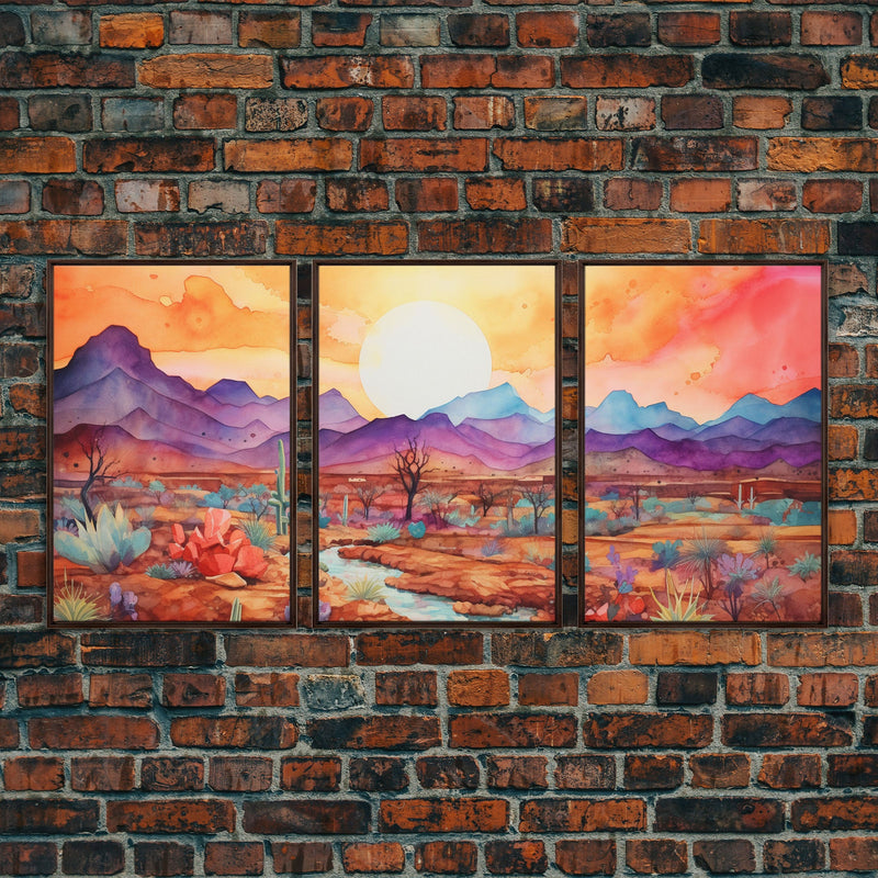 Black Framed 3 Piece Wall Art, Southwestern Desert Scene at Sunset, Minimalist Wall Art, MCM Style Midcentury Wall Decor, Above Sofa Art