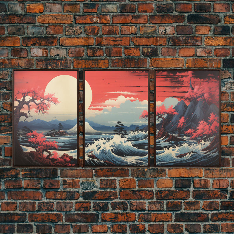 Asian Art, Japanese Wall Art, Mountains Print, Sunset Print, Canvas Print, Wall Art, 3 Piece Wall Art, Dorm Room Art, Gaming Wall Decor