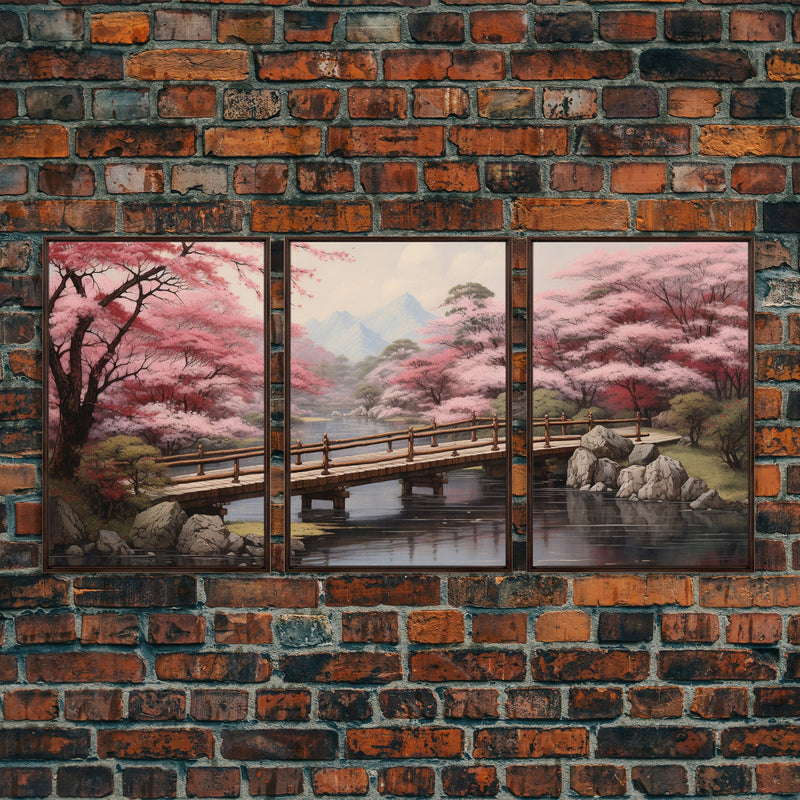 Wabi Sabi Decor, Framed Canvas Print, 3 Piece Set, Beautiful Japanese Maple Tree Garden