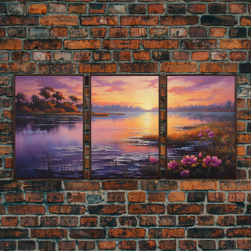 Beautiful 3 Piece Wall Art, Framed Canvas Print, 3 Piece Set, Lake House Decor, Sunset Over The Purple Marsh, Above Sofa Art