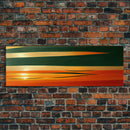 Art Deco Wall Art, Framed Canvas Print, Emerald Green and Gold Palm Tree Leaves and Sunset, Panoramic Ultrawide Art, Large Format Wall Decor