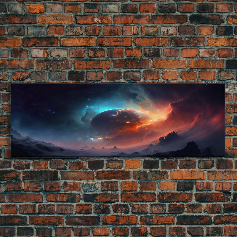 Beautiful Science Fiction Wall Art, Synthwave Style Scifi Art, Framed Canvas Print, Panoramic Alien Worlds and Star Filled Night Sky