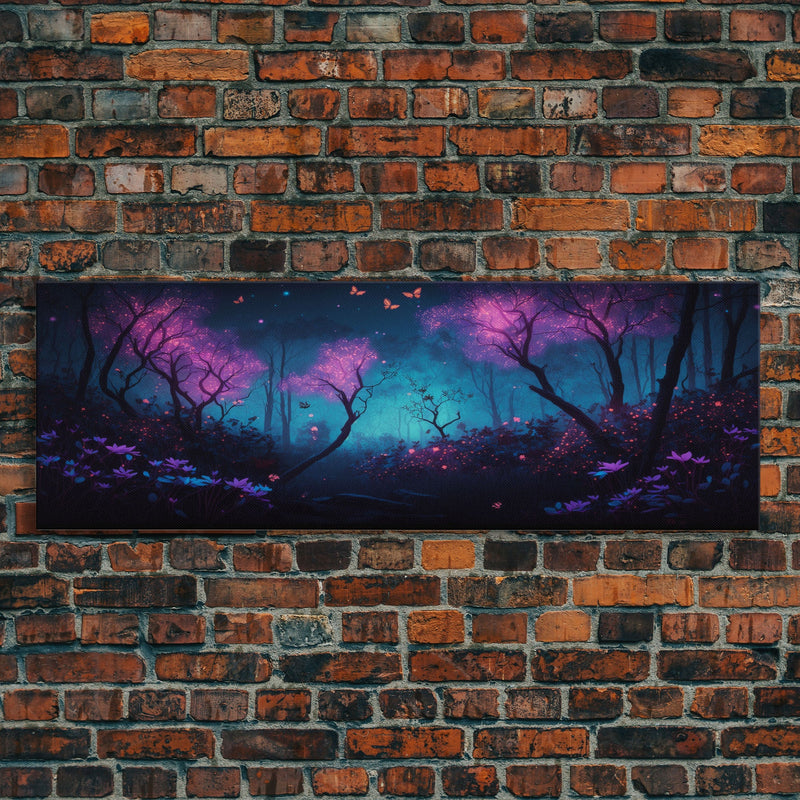 Beautiful Fantasy Forest, Framed Canvas Print, Fantasy Art, Butterflies and Fireflies Light up a Fairy Forest At Night, Framed Wall Art