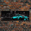 City Skyline Wall Art, Teal Sports Car,  Abstract Urban Art, Cityscape Art, Dark Night Large Urban Art, Panoramic, Wall Art, Canvas Print