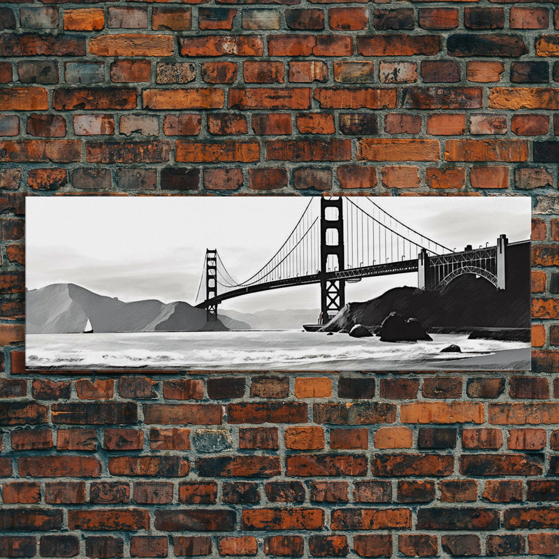 Black And White Suspension Bridge Canvas Print, Large Urban Art Print, Sailboat, River, Landscape, Panoramic, Wall Art, Canvas Print