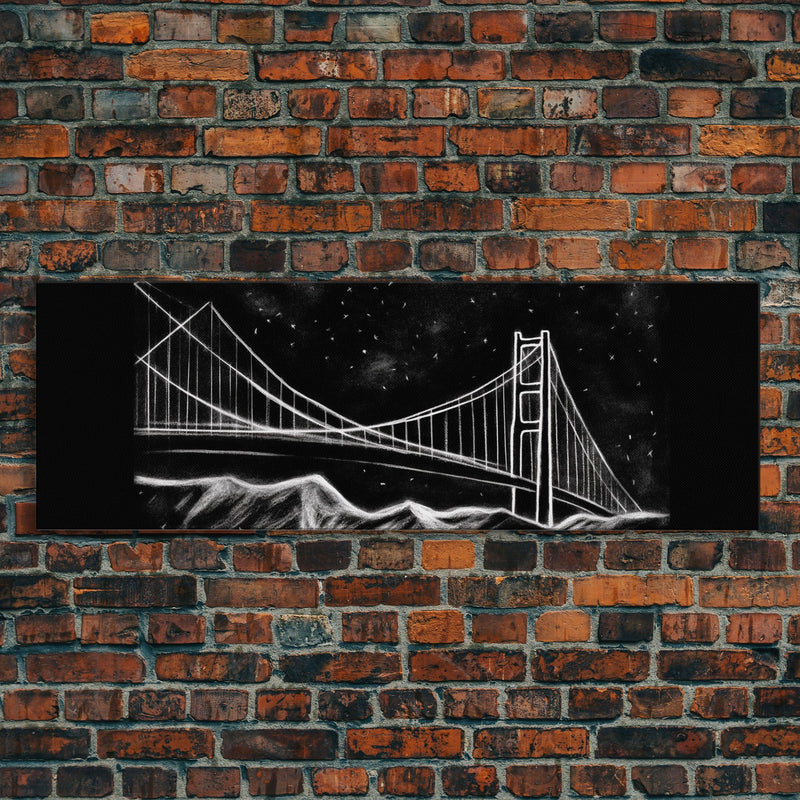 Black And White Suspension Bridge Canvas Print, Large Urban Art Print, Line Art, Chalk Wall Decor, Panoramic, Wall Art, Canvas Print